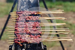 Grilled meat skewers Arrosticini in Abruzzo Italy photo