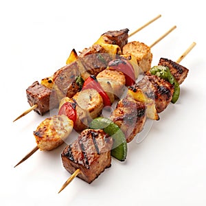 Grilled meat skewers isolated on white background photo