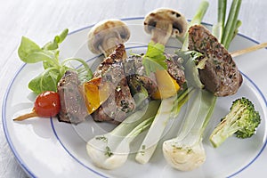 Grilled meat skewers and vegetables