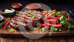 Grilled meat. Sliced grilled meat steak Striploin with sauce and potato on wooden board on dark background. grilled meat with