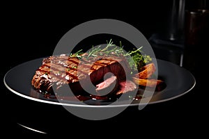 Grilled meat steak on plate in black background with copy space