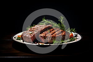 Grilled meat steak on plate in black background with copy space