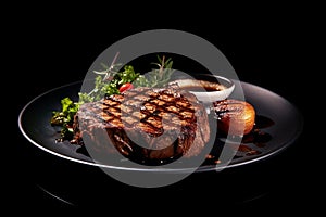 Grilled meat steak on plate in black background with copy space