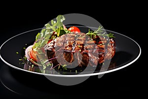 Grilled meat steak on plate in black background with copy space