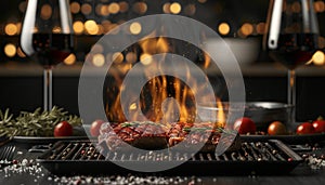 Grilled meat on table, flame adds gourmet celebration indoors photo