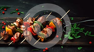 grilled meat and vegetable on skewers ai generated