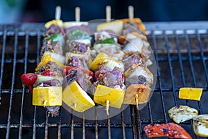 Grilled meat and vegetable skewers on barbecue