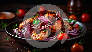 Grilled meat and vegetable skewers on a rustic wooden plate generated by AI