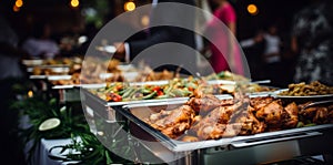 Grilled meat and vegetables, Food on a buffet table at the hotel, Group of people on catering buffet food indoor in