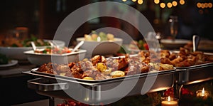 Grilled meat and vegetables, Food on a buffet table at the hotel, Group of people on catering buffet food indoor in