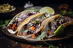 grilled meat with vegetables. Mexican tacos with coleslaw and guacamole on wooden background. Food concept.