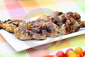 Grilled meat and vegetables on picnic table