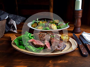 Grilled medium rare beef steak with fried potato wedges on a wooden plate and wooden table