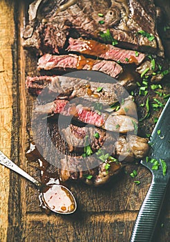 Grilled medium rare ribeye beef steak