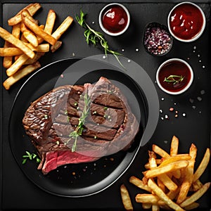 Grilled Medium-Rare Steak Served With Golden French Fries and Assorted Dips on A Dark Table