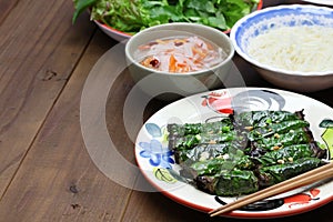 Grilled minced beef wrapped in betel leaf, vietnamese cuisine