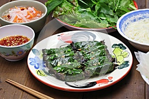 Grilled minced beef wrapped in betel leaf, vietnamese cuisine