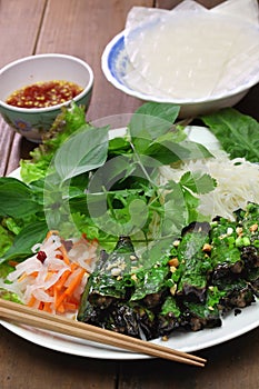 Grilled minced beef wrapped in betel leaf, vietnamese cuisine