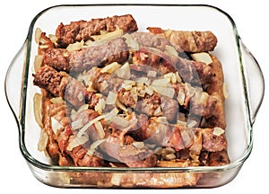 Grilled Minced Meat Loaves Cevapcici With Chopped Onion In Glass Baking Pan Isolated On White Background