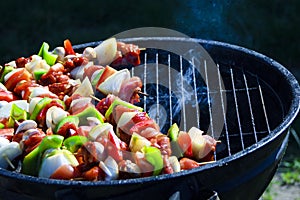 Grilled mixed meat with vegetables on barbecue grill.