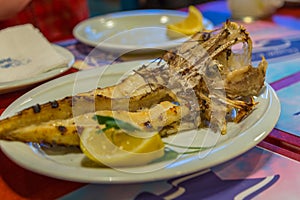 Grilled monkfish, on a white plate with lemon. Restaurant in Tirana, Albania.