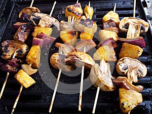 Grilled Mushroom, Red Onion, and Pineapple Kabobs on Skewers