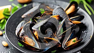 Grilled mussels on black plate, a delectable traditional mediterranean seafood delicacy
