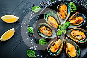 Grilled mussels, a classic mediterranean delight, elegantly plated on a black dish