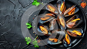 Grilled mussels on dark plate traditional mediterranean cuisine, a delectable seafood delight