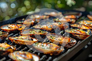 Grilled mussels on elegant black plate, a traditional mediterranean seafood delicacy