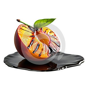 grilled nectarine, drizzled with balsamic glaze and topped with a sprig of fresh basil, delicates food, isolated on