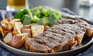Grilled new york steak with broccoli and roasted potatoes