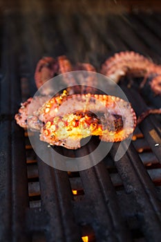 Grilled octopus during a Hawaiian sunset