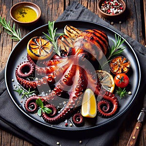 Grilled octopus plated on black dish, a classic mediterranean delicacy. Generated AI