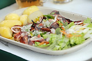 Grilled octopus with potato and salad