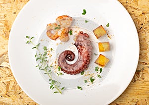 Grilled octopus on white restaurant plate served with shrimps