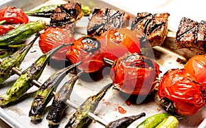 Grilled Okra, Cherry Tomatoes and Pork Skewers