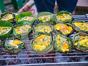 Grilled omelette on banana leaf