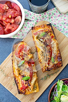 Grilled open faced sandwich with tomato, olives, cheese and chic