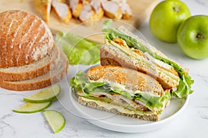 Grilled organic chicken sandwich with green apple, lettuce and cheese sauce