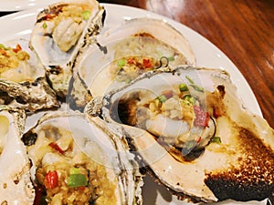 Grilled oysters close-up.