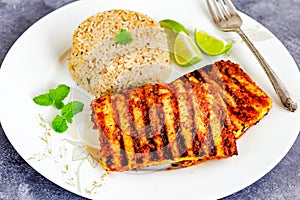 Grilled Paneer Steaks with Herbed Rice and Piri Piri Sauce