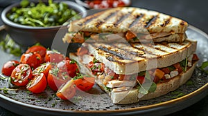 Grilled Panini with Turkey, Cheddar, and a Side of Cherry Tomatoes on a Bed of Arugula