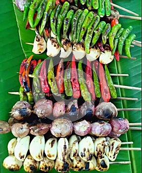 Grilled peppers, grilled onions, grilled garlic