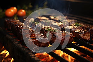 Grilled picanha perfectly, in a barbecue in a park with picnic t photo