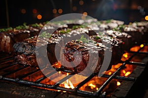 Grilled picanha perfectly, in a barbecue in a park with picnic t photo