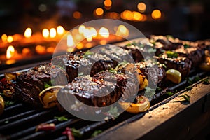 Grilled picanha perfectly, in a barbecue in a park with picnic t photo