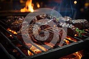 Grilled picanha perfectly, in a barbecue in a park with picnic t photo