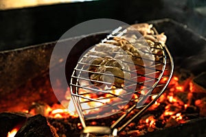 Grilled pieces of delicious rump beef over flames
