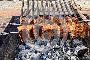 Grilled pieces of pork meat on metal skewers. Shashlik or shish kebab prepared on barbecue grill over hot charcoal